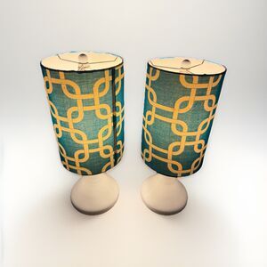 Set of 2 Modern Table Lamps Blue Geometric Drum Shade White Base Bedside Accent